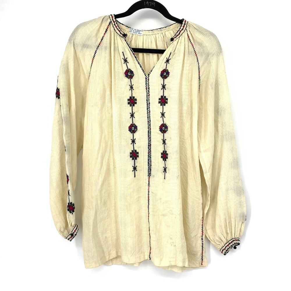 VTG Romanian Long Sleeve Popover Blouse Womens Sz Large Cream Embroidered *READ